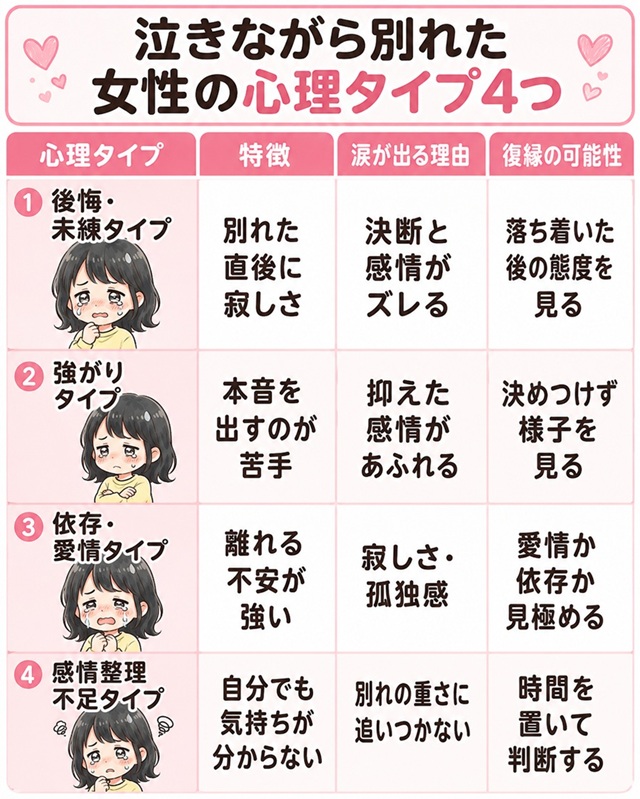 自分から別れようと言ったのに泣く女性の心理5選をまとめた復縁向けイラスト。