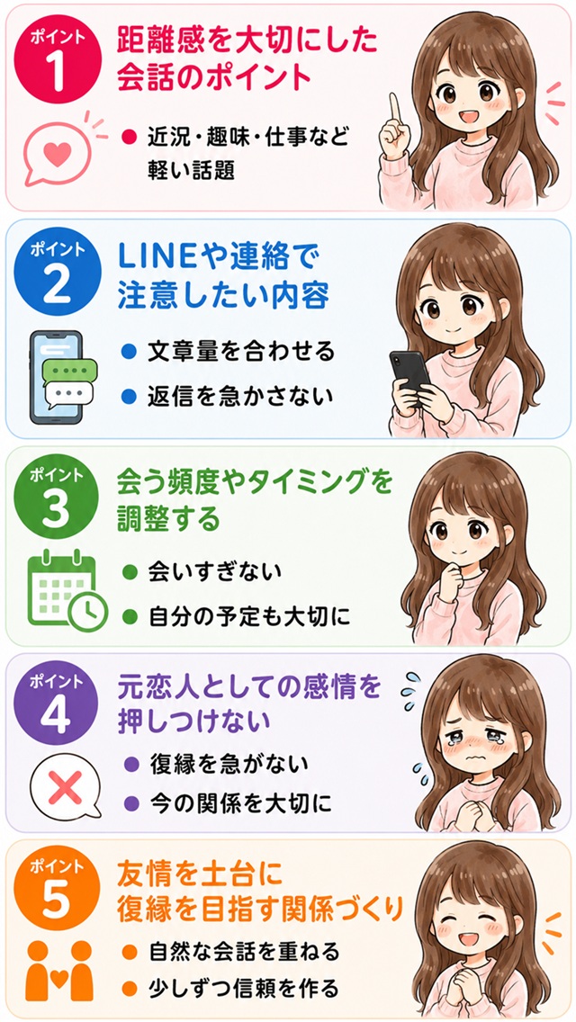 友達でいたい元彼との距離感や連絡方法など、5つの接し方をまとめた復縁向けイラスト。