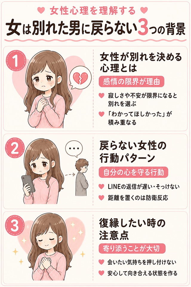 女は別れた男に戻らない3つの背景を説明したイラスト