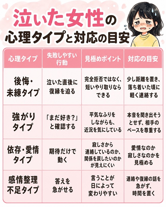泣いた女性の心理タイプ別に失敗しやすい行動と対応の目安をまとめた復縁向けイラスト。