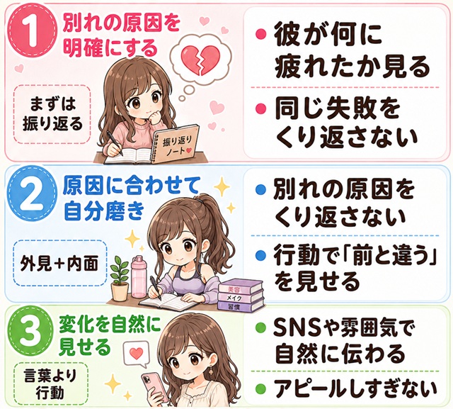 元彼と復縁するために別れの原因を整理し、原因に合わせて自分磨きをする流れを解説した復縁向けイラスト。