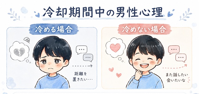 冷却期間中の男性心理を、冷める場合と冷めない場合に分けて比較した復縁向けイラスト。