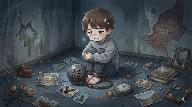 過去への執着が復縁を苦しくする理由を描いた復縁向けイラスト。