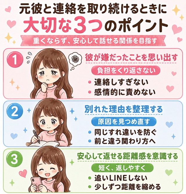 元彼と連絡を取り続けるときに大切な3つのポイントをまとめた復縁向けイラスト。