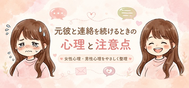 元彼と連絡を続けるときの女性心理と注意点を表した復縁向けイラスト。