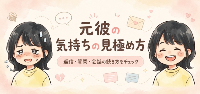 元彼の気持ちを返信・質問・会話の続き方から見極める方法を解説した復縁向けイラスト。