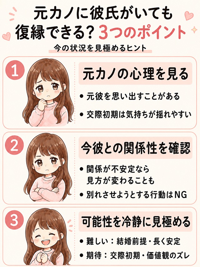 彼氏がいる元カノとの復縁で確認したい3つのポイントをまとめた復縁向けイラスト。