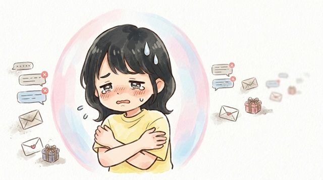 未読スルーや返信待ちで不安になる女性のイラスト。