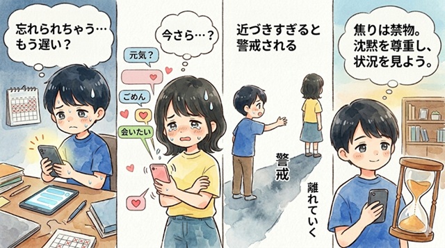 元カノが追ってこなくなったときに焦って近づきすぎない大切さを解説した復縁向けイラスト。