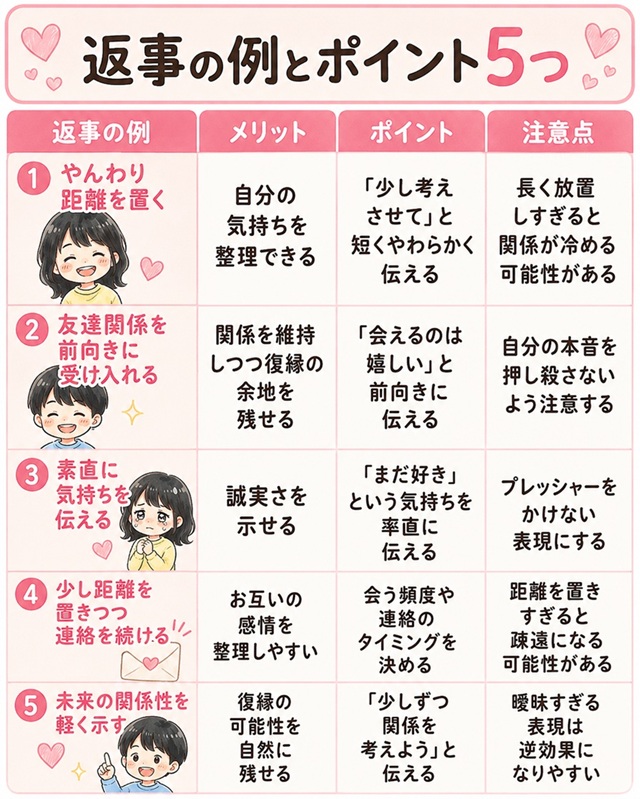 友達に戻りたいと言われたときの返事の具体例5つをまとめた表のイラスト。