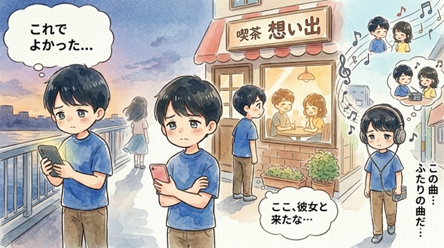 元カノが追ってこなくなった後に、男性が寂しさや後悔を感じる心理を描いた復縁向けイラスト。