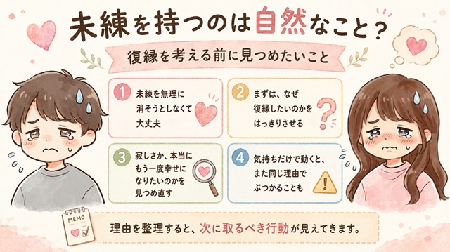 未練を持つのは自然なことだと伝え、復縁を考える前に理由を整理する大切さを解説した復縁向けイラスト。
