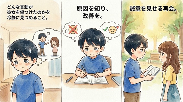 別れの原因を見つめ直し、改善して誠意を見せる復縁向けイラスト。