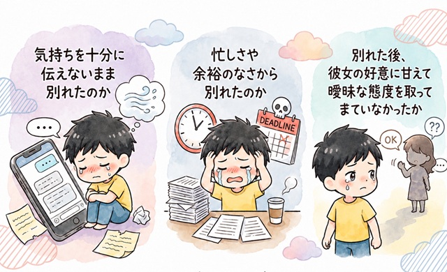 別れた原因を見つめ直し、復縁に向けて改善点を整理するためのイラスト。
