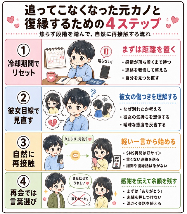 追ってこなくなった元カノと復縁するための4ステップを解説した復縁向けイラスト。