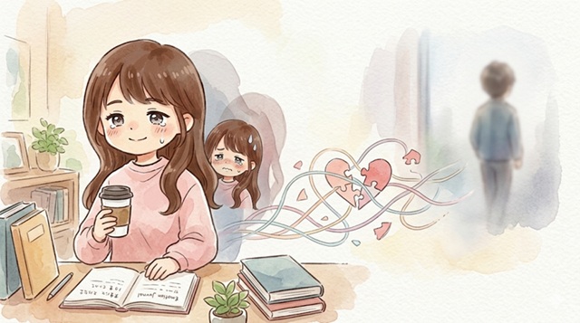 別れた後の未練や心の整理を表した復縁向けイラスト。