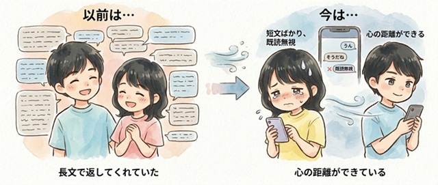 元カノの返信が長文から短文に変わり、心の距離ができている様子を描いた復縁向けイラスト。