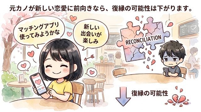 元カノが新しい恋に向かっている場合は復縁の可能性が下がることを解説した復縁向けイラスト。