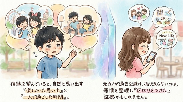 復縁を望む男性が過去の思い出に引っ張られ、元カノが気持ちに区切りをつけようとしている様子を描いた復縁向けイラスト。
