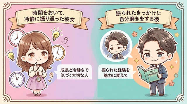 時間をおいて復縁につながる男女の成長を解説したイラスト。