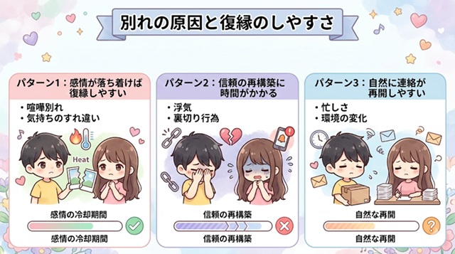 別れの原因と復縁のしやすさを比較した復縁向けイラスト。