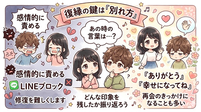 復縁の鍵は別れ方にあることを解説したイラスト。