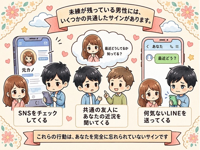 未練が残っている男性の共通サインを解説した復縁向けイラスト。