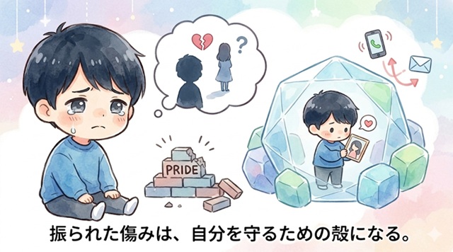 振られた男性が距離を置く心理を解説した復縁向けイラスト。
