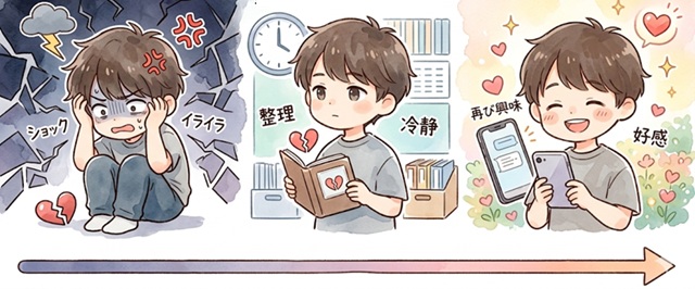 振られた男性の心理変化を解説した復縁向けイラスト。
