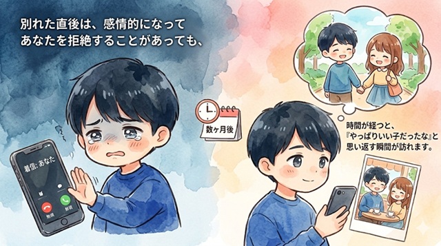 別れた直後に拒絶する男性心理と復縁の可能性を解説したイラスト。