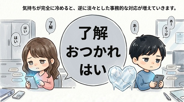 元カノの返信が淡々として事務的になった場合の女性心理を解説した復縁向けイラスト。