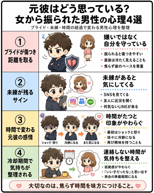 女性から振られた男性心理と復縁の可能性を解説した表。