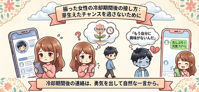 振った女性が冷却期間後に連絡する方法を解説した復縁向けイラスト。
