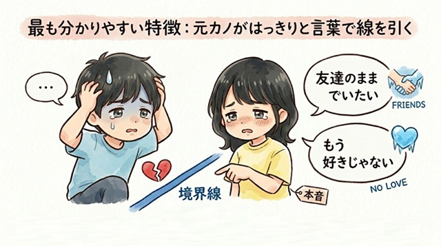 元カノがはっきり言葉で線を引く場合の女性心理を解説した復縁向けイラスト。