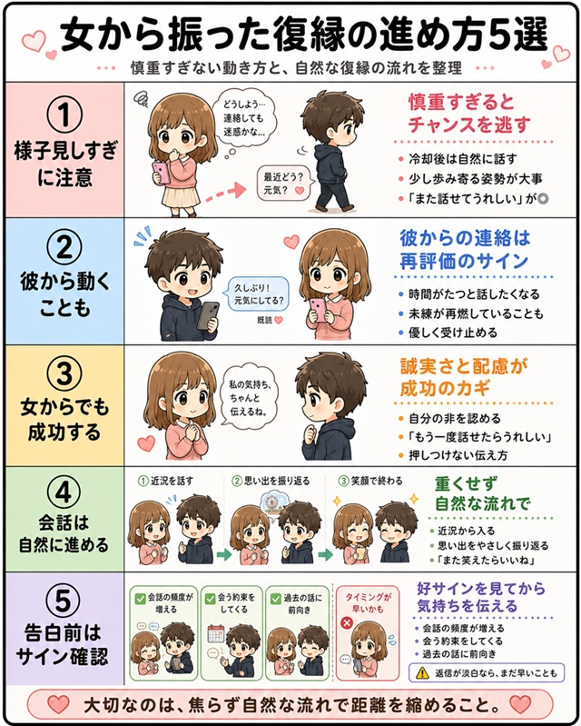 女性から振った場合の復縁の進め方を解説した表。