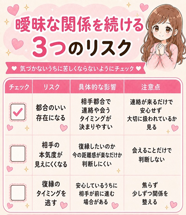 曖昧な関係を続ける3つのリスクをチェックする復縁向け一覧表。