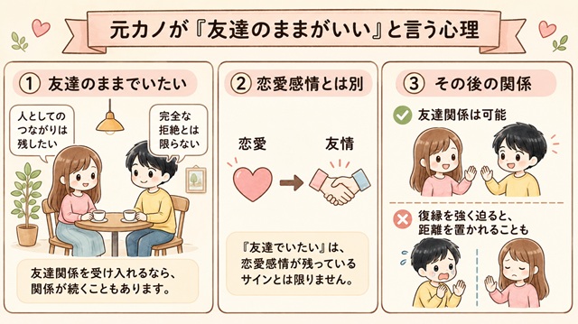 元カノが「友達のままがいい」と言う心理と復縁の可能性を解説した復縁向けイラスト。