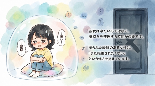追ってこなくなった元カノの心理を解説した復縁向けイラスト。振られた経験のある女性が「また拒絶されたくない」という怖さから距離を置き、冷めたのではなく気持ちを整理する時間が必要な状態を表している画像。