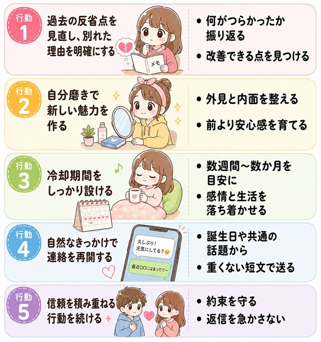 会わずに別れた人が復縁するための5つのステップをまとめた復縁向けイラスト。