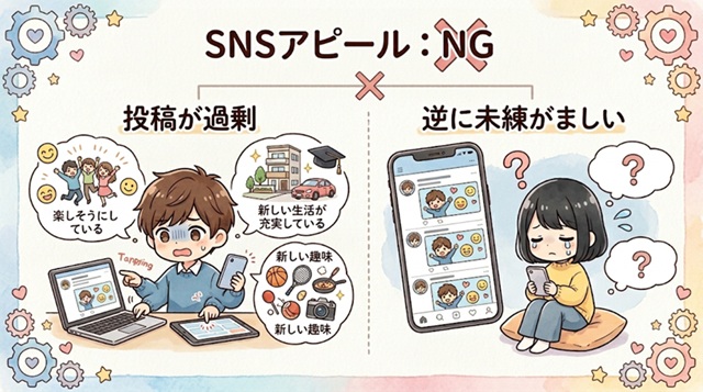 復縁が難しいときにSNSアピールをしすぎることが逆効果になる理由を解説した復縁向けイラスト。