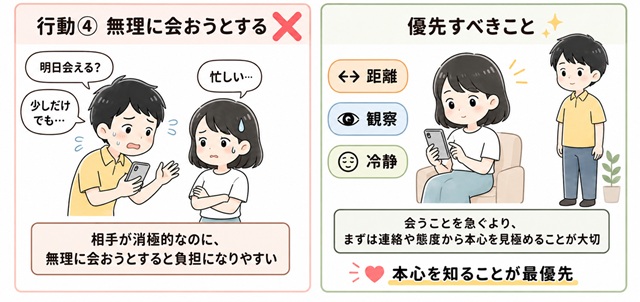 復縁が難しいときに無理に会おうとすることが逆効果になる理由を解説した復縁向けイラスト。