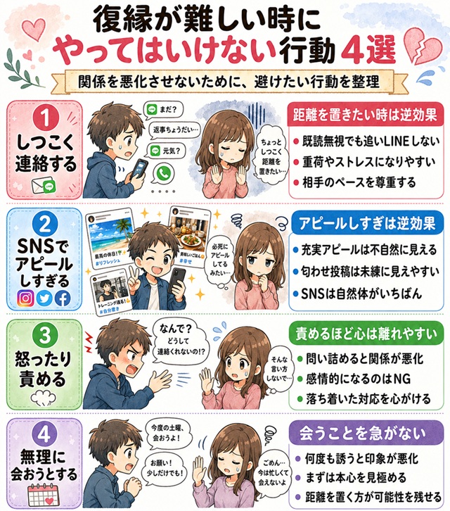復縁が難しいときにやってはいけない行動4選をまとめた復縁向けイラスト。