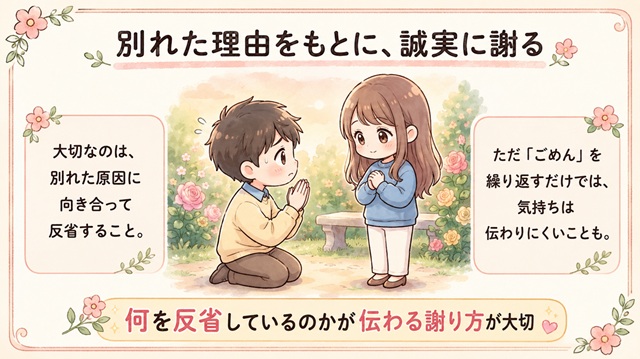 別れた理由をもとに誠実に謝ることが復縁につながると解説した復縁向けイラスト。