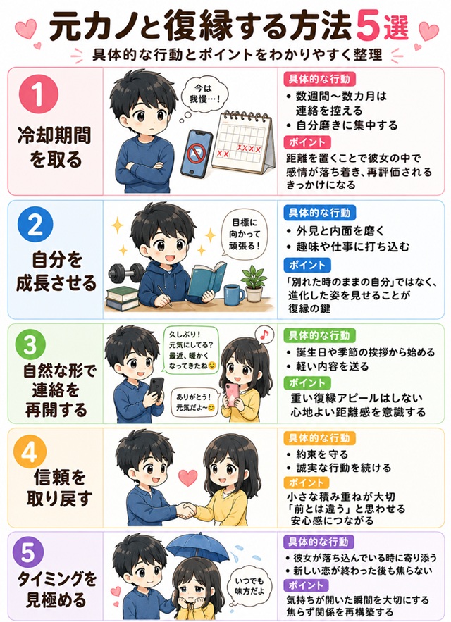 元カノと復縁するための具体的な行動5ステップをまとめた復縁向けイラスト。