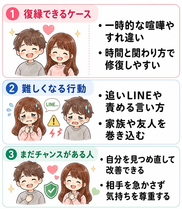冷められた後に復縁できるケースと難しいケースを3つの視点でまとめた復縁向けイラスト。