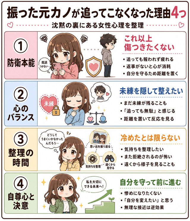 振った元カノが追ってこなくなった理由を解説した復縁向けの表。防衛本能、心のバランス、整理の時間、自尊心と決意の4つの女性心理から、元カノが追うのをやめた理由や沈黙の裏にある気持ちを説明している画像。