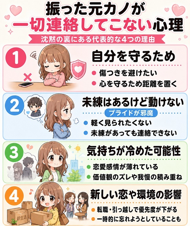 振った元カノが一切連絡してこない心理と、復縁が難しくなる理由をまとめた復縁向けイラスト。