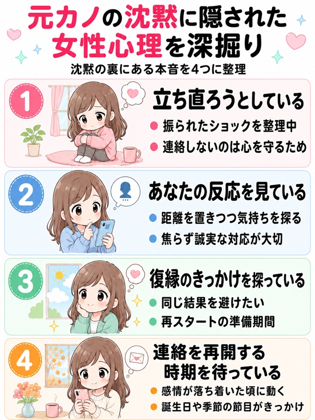 元カノの沈黙に隠された女性心理4つをまとめた復縁向けイラスト。