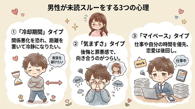 復縁したいときに「未読のままにする男性心理3パターン」を説明した画像