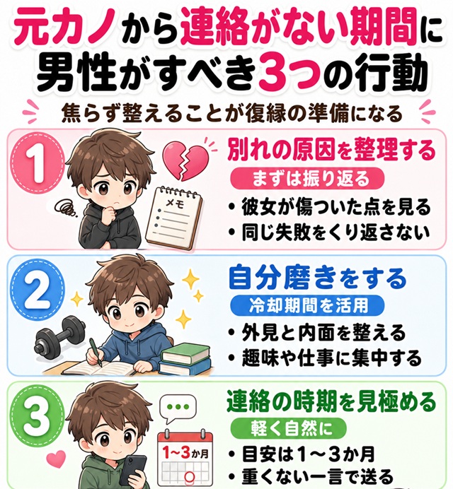元カノから連絡がない期間に男性がすべき3つの行動をまとめた復縁向けイラスト。